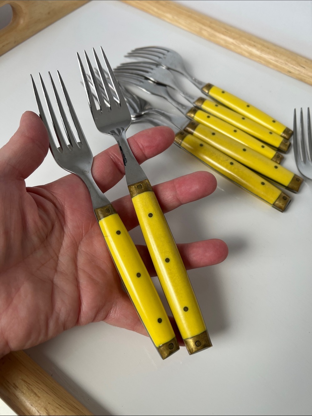 Vintage Bonniers France Yellow Handle Fork Set Brass Accent French Flatware - Picture 9 of 9